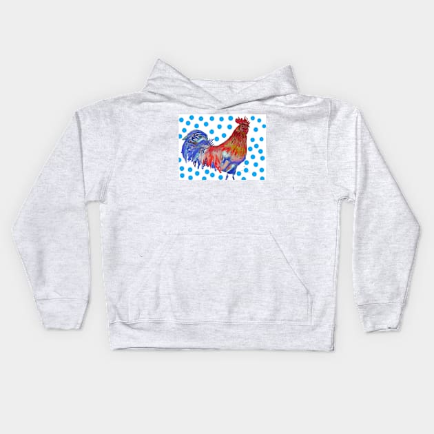 Rooster Watercolor Painting with Blue Polka Dots Kids Hoodie by SarahRajkotwala